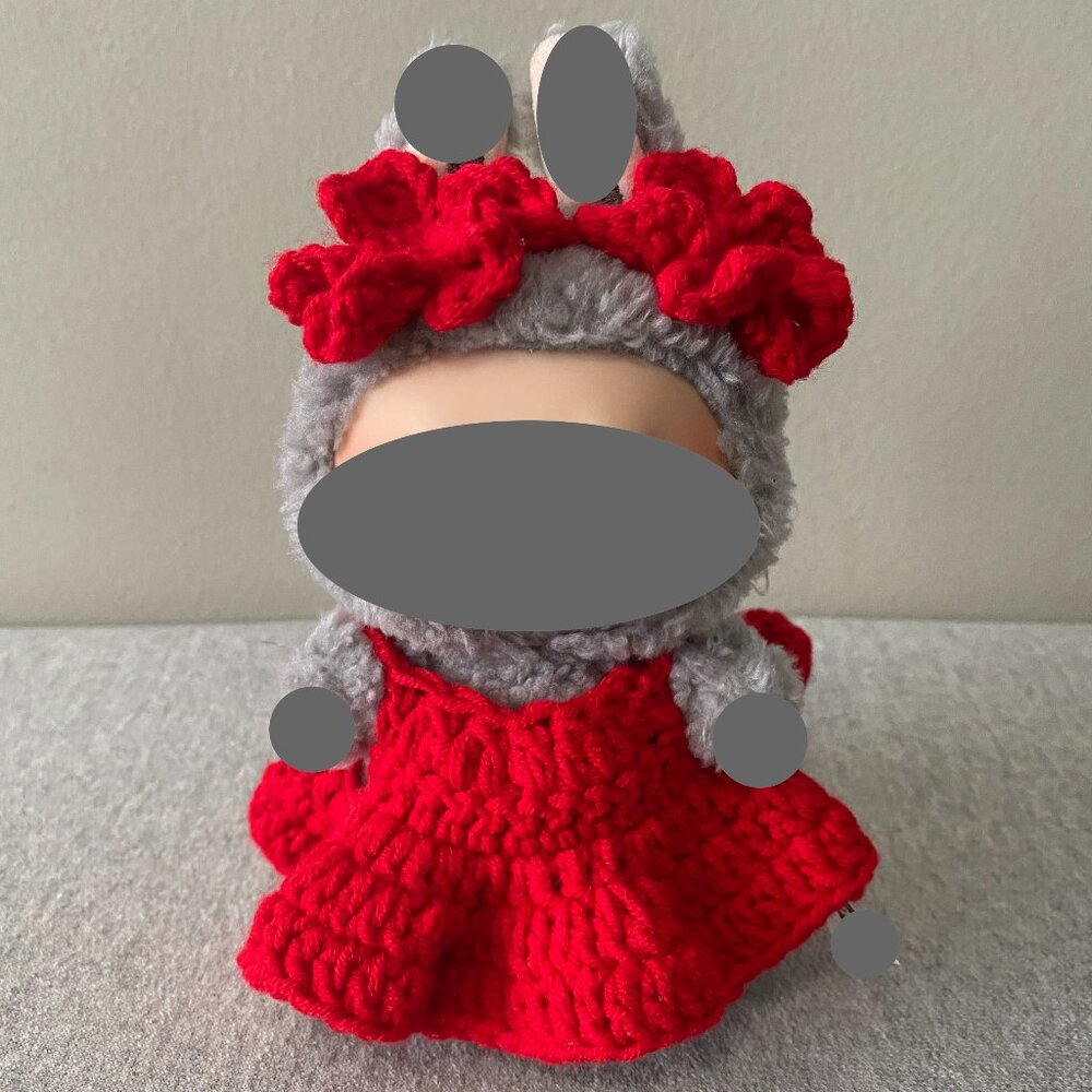 Handmade Crochet Red Floral Outfit for 17cm Plush Doll 2-Piece Set